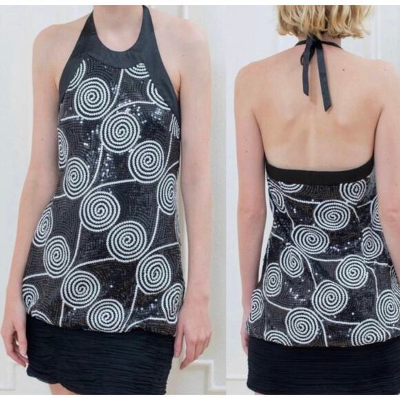 Cache Y2K Glam Black & White Sequin Embellished Swirl Mini Party Dress Size 6 - Picture 1 of 9